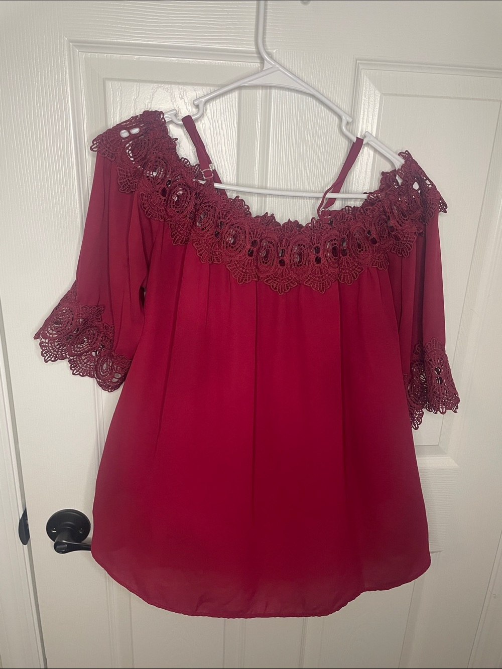 A. Byer Burgundy Off-Shoulder Lace-Trim Blouse